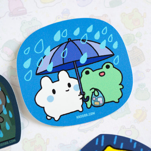 Bunny and Froggy Shopping In Rain Vinyl Sticker
