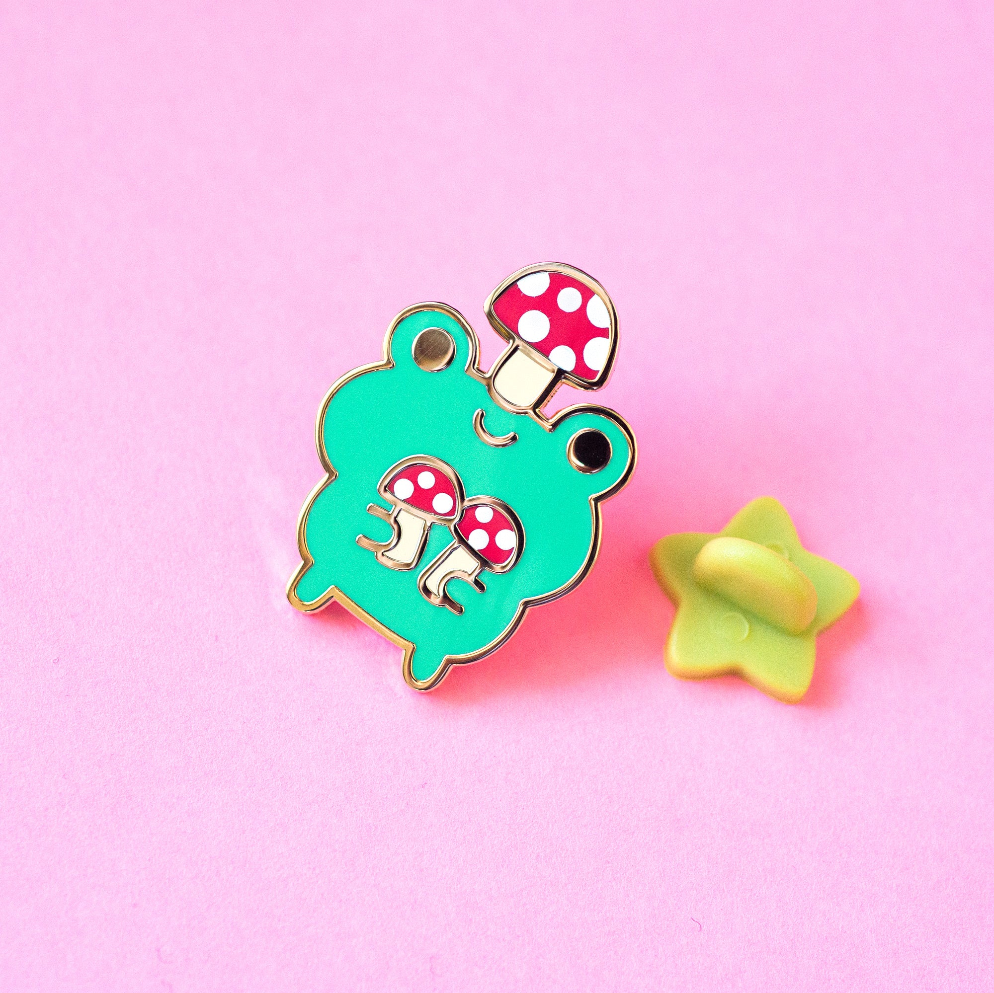 Wild Whimsy Woolies - Green Frog Enamel Pin. Frog Mushroom Umbrella Gold Plating
