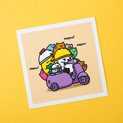 Grumpy Chicken Art Print – Cats Scooter Ride